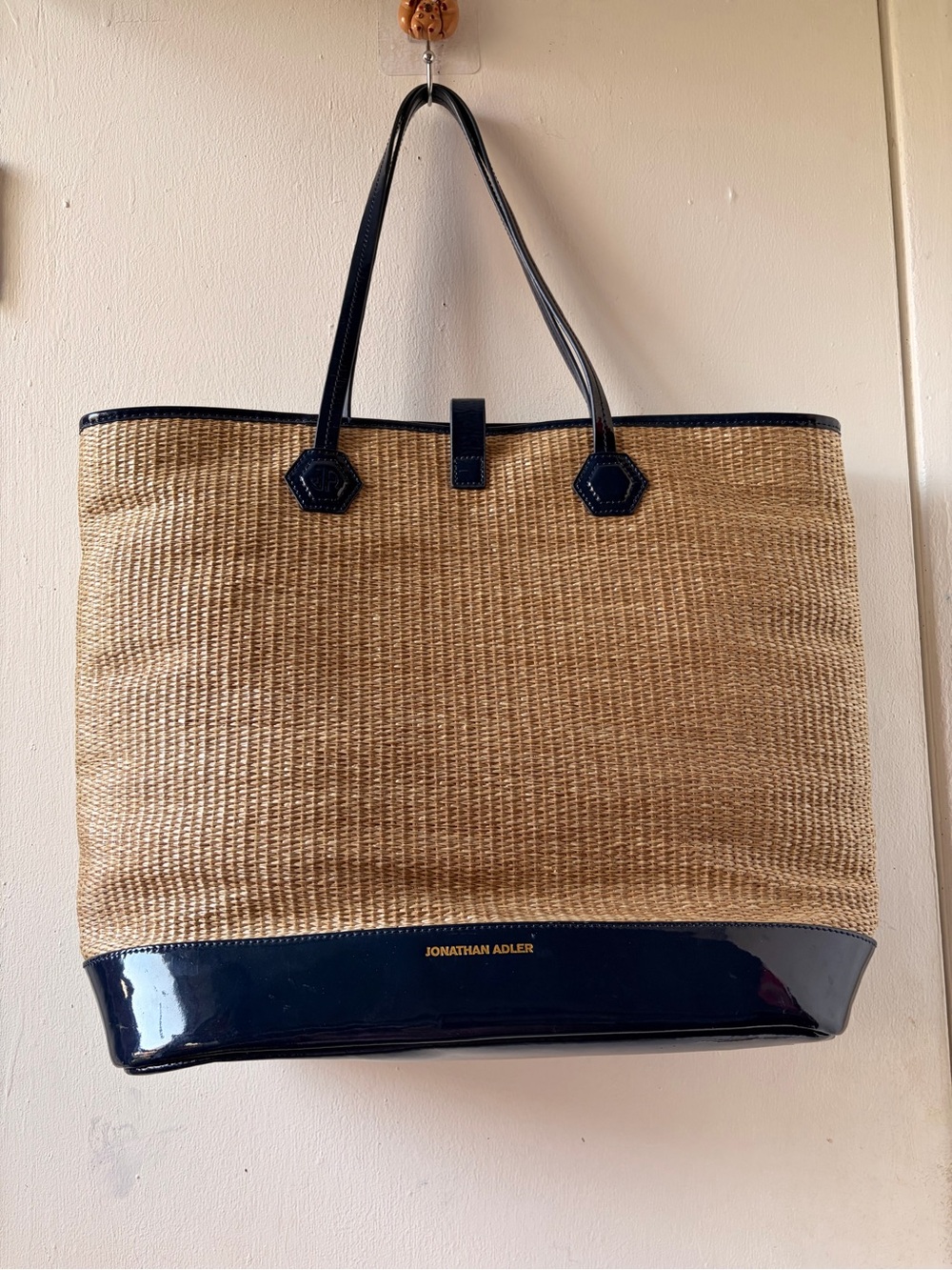 Jonathan Adler Natural Straw Tote with Navy Patent Trim